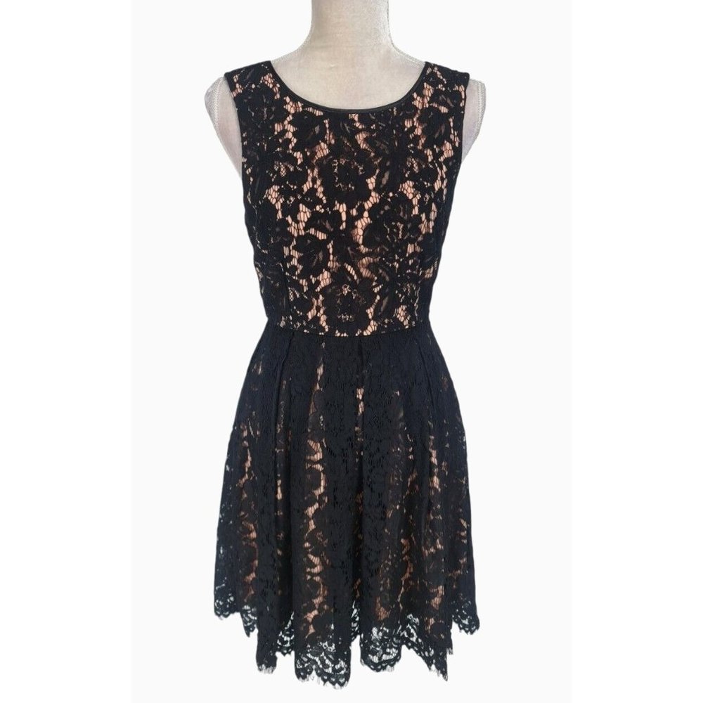 eva Longoria Womens Skater Knee Length Dress Size 4 Black Beige Floral Lace 195P